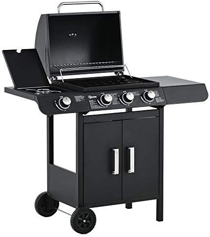 Outsunny Barbacoa de Gas BBQ con Ruedas Parrilla Gas con 3+1 Quemadores de 11,6 KW 2 Mesas Laterales y Termómetro Acero 110x50x100 cm Negro
