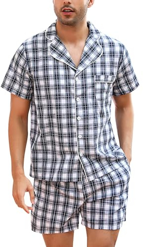 Irdcomps Men's Pyjamas Set Short Sleeve Checked Pjs Cotton Plaid Loungewear Button Top and Bottoms 2 Piece Nightwear Sleepwear Classic with Pockets