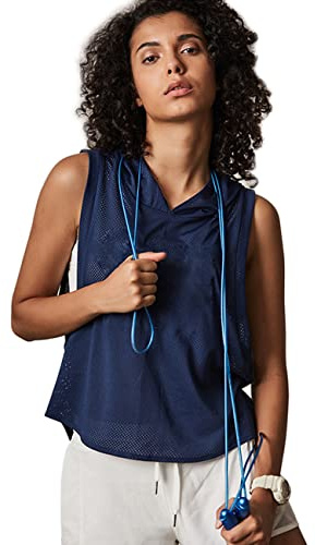 Femmes Aptitude sans Manches Engrener Capuche Hoodies Sports Fonctionnement Tee-Shirts Hauts Bleu Marin L