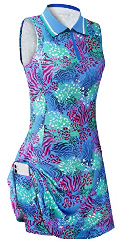 FREEYE Womens Workout Athletic Exercise Tennis Golf Dresses with Shorts Pocket, Summer 2023 Trendy Sleeveless T-Shirts Tank Top Knee Length Fashion Dupes Sporty Active-wear Apparel Leopard Large