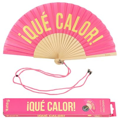 Fisura - Éventail original avec message en espagnol que calor. Éventail moderne et amusant en bois. Éventail pliant rose et jaune. Dimensions : 42,5 x 23 cm.