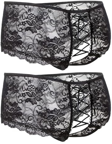 ohyeahlady Womens Lace French Knickers Soft Stretchy Bikini Briefs Back Cross Thongs Hipster Pantie Plus Size Cheeky Underwear Multipack 2Pack Black