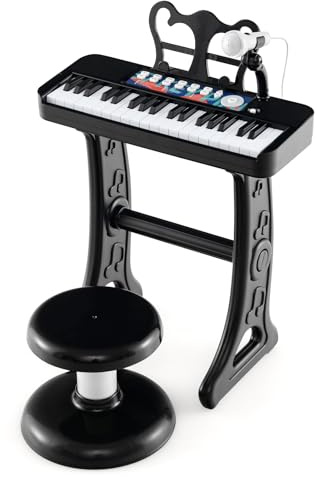 RELAX4LIFE Pianoforte per Bambini con 37 Tasti, Tastiera Musicale con Microfono, Leggio e Sgabello, Funzioni di Record e Playback, Regalo di Natale/Compleanno (Nero)