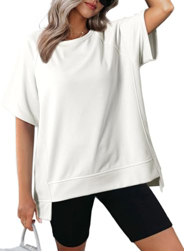 Dokotoo Oversized T Shirts for Women Fashion 2026 Casual Crewneck Short Sleeve Tee Spring Summer Tops Loose Fit High Low Lightweight Solid Color T-Shirts Workout Tops Fashion Clothing White Medium