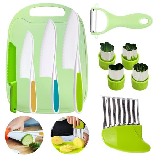 11 Pezzi Coltelli per Bambini, Coltello Bambini con Y Pelapatate Coltello Ondulato Tagliere, Coltello Bambini Montessori, Coltelli Bambini, Coltello per Bambini Adatto per Tagliare Frutta Verdura Pane
