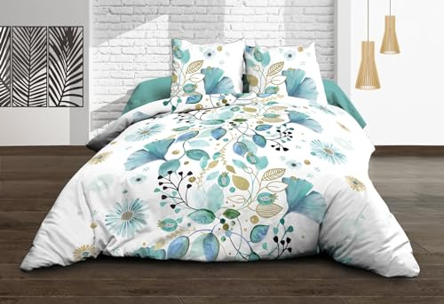 Le Linge de Jules Parure Drap Plat + Drap-Housse 160x200 + 2 T - Pur Coton 57 Fils - Bloom, Bleu