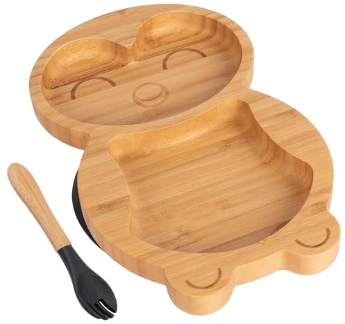 2pc Schwarz Bambus-Pinguin-Baby-Entwöhnungsteller & Gabelsatz - Hölzern Geteilt Kleinkind Kinder Essen Fütterung Tablett - Silikon Saugnapf - Von Tiny Dining
