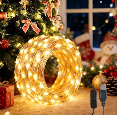 YIFMOO LED Lichterkette USB, 20M 200LED Wasserdicht Draht lichterkette mit Schalter, Micro Kupferdraht Lichterkette Außen und Innen für DIY Weihnachten, Zimmer, Party, Hochzeit Deko, Warmweiß(2 Stück)