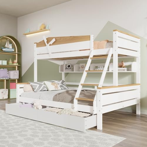 Rtopsu Kinderbett Etagenbett 90x200 cm & 140x200 cm mit Stauraum und Leiter,Hochbett mit Windmühle Hausbett Baumhaus Bett mit Lattenrost aus Holz und Rausfallschutz für 2-3 Kinder Weiß,Ohne Matratze