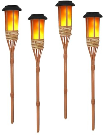 4 lampade solari per esterni, con impiallacciatura di bambù fatta a mano, con fiamma tremolante, decorazione esterna per giardino e cortile, torcia solare da giardino per esterni
