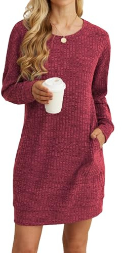 PrinStory Women Jumper Dress Long Sleeves Causal Basic Mini Dress With Pockets Loose Knitted Pullover Tunic Sweatshirt For Women (Red, M)