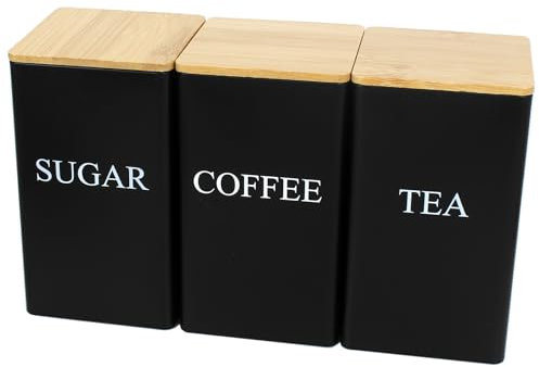 Hylruu Juego de 3 botes de metal negro para té, café y azúcar, 1000 ml, con tapa de bambú,