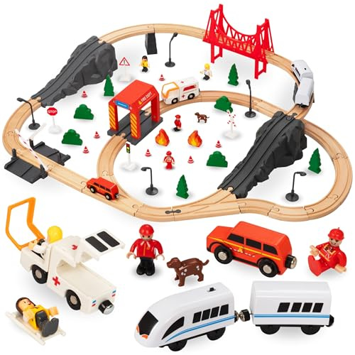 Mamabrum Chemin de Fer en Bois Pont Train Pompiers, Chemin de Fer Ensemble pour Enfants 3+, 19 pièces, Locomotive, Voie avec Train et Wagons, Accessoires, développement de l'imagination et des