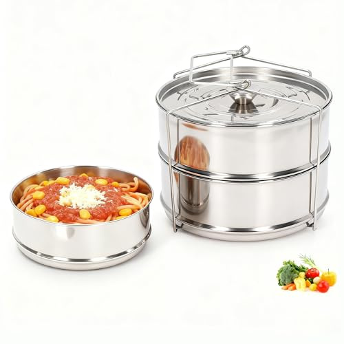 Tissting Stackable Steamer Insert Pan, 2 Tier Stainless Steel Steamer Cooking Pot 18cm/7in Multi Layer Pan with Lid, Food Steamer for Instant Pot Accessories 6/8 qt