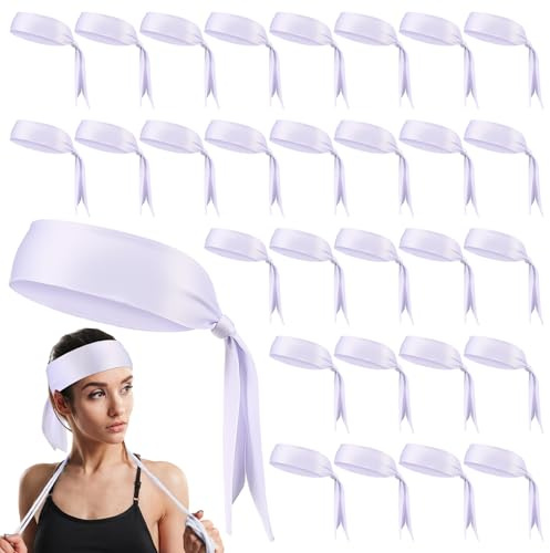 Hiboom 30 Pack Tie Headband Bulk Sports Tennis Head Tie Ninja Karate Tie Back Athletic Sweatbands Adjustable Hair Bands for Women Men Basketball, Football, Soccer, Running, Yoga Workout(White)