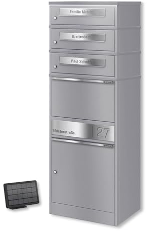 Metzler Paketbriefkasten mit LED-Solarbeleuchtung und 3 abschließbaren Fächern in Graualuminium mit Gravur – rostfrei, wetterfest, freistehend, große Kapazität für DHL Größe M, diebstahlsicher