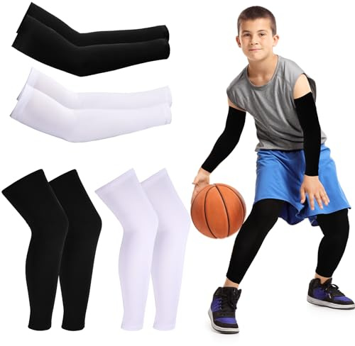 EXTRAPINS Manicotti per braccia e gambe per bambini, 2 paia di manchette compressive per gambe + 2 paia di protezione solare per le ginocchia, manchette compressive per braccia e gambe per ragazzi e