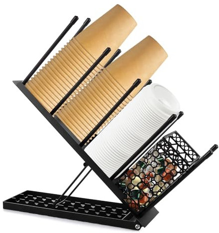 LDHHYH Cup and Lid Holder, Adjustable 4 Compartment Cup Holder Lid Dispenser with Straw Basket, Cup Dispenser for Breakroom Countertop Coffee Station Bar Restaurant