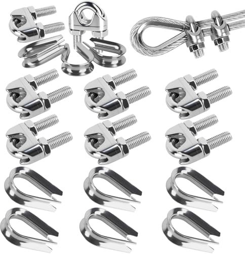 Prmape 12 abrazaderas de cable de alambre de 10 mm, 6 abrazaderas de cable M10 + 6 guardacabos M10, abrazaderas de cable de alambre 304 de acero inoxidable, forma de U para cable de alambre, cable de