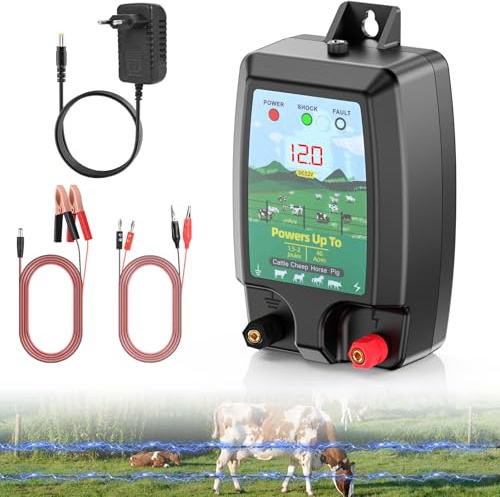 Valla eléctrica para mascotas 10KM, Potente 2J electrificador Valla eléctrica con pantalla LCD, alta potencia impermeable cerca eléctrica para protección de animales
