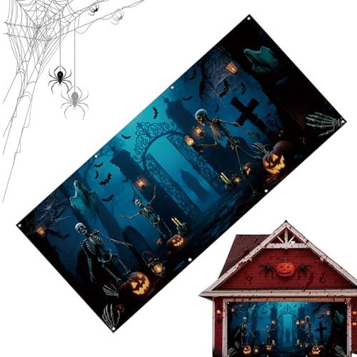 Striscione Porta del Garage Halloween Arazzo di Cimitero per Esterni, Tela Decorativa da Parete 4 × 1,8 m per Esterni Festa Fotografia Parete Halloween