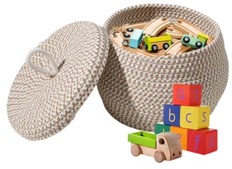 Paniers En Corde De Coton Tressée - 21 X 21 X 17 Cm Panier De Rangement Tressé Avec Couvercle, Pour Chambre D'enfant, Panier Bohème En Corde De Coton, Pour Ranger Et Petits Objets