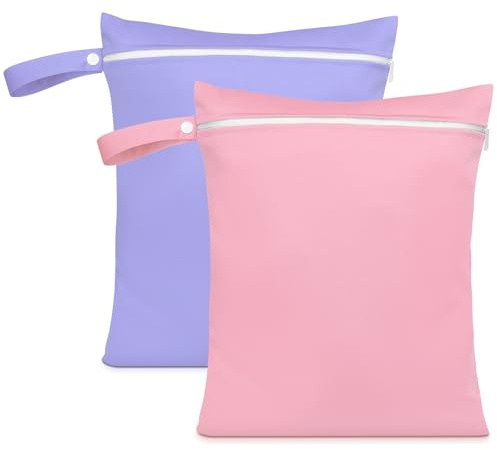 AOOSA 2PCS Wet Bags, Reusable Cloth Diaper Bags with Handle and Zipper | Lightweight Waterproof Travel Laundry Bag, Washable Wet Dry Bag for Baby Items Travel Beach Swimming Camping (Pink & Purple)