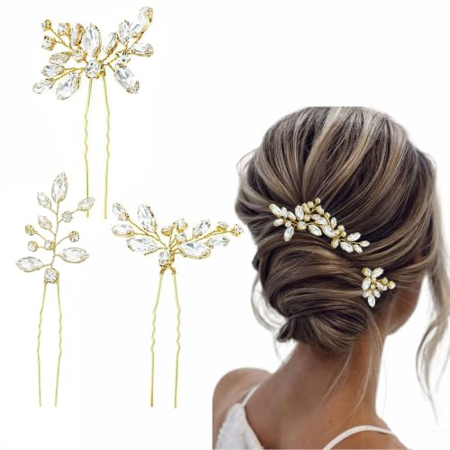 3 Pcs Wedding Hair Accessories for Women, Crystal Rhinestone Bridal Hair Pins Flower Bridesmaid Hair Accessories for Brides Bridesmaids Guest Women Girls (Gold)