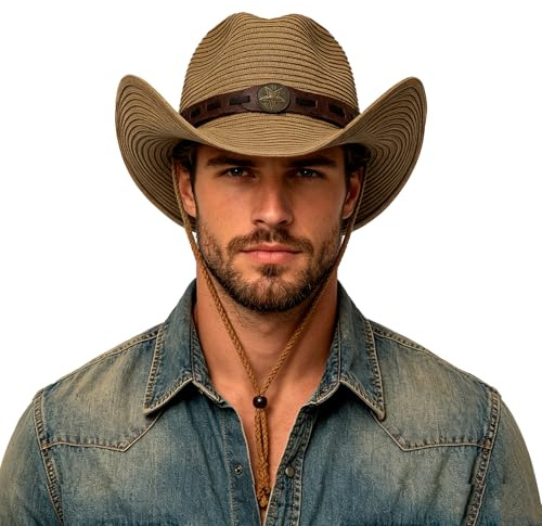 FakeFace Chapeau de Cowboy en Paille pour Homme Femme Chapeau Western Anti-UV avec Large Bord, Style Rétro,pour Plage, Randonnée,Vacances