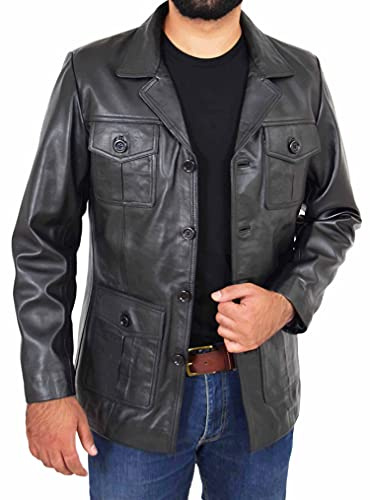 A1 FASHION GOODS Chaqueta de cazadores safari de cuero clásico retro para hombre de los años 70 en color negro y marrón, Negro, XL