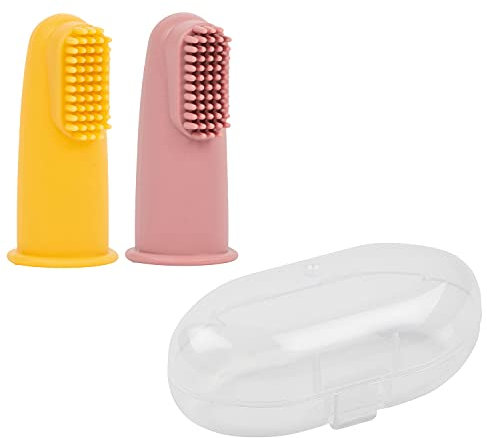 Nattou Babyzahnbürste aus Silikon, 2x Fingerzahnbürste für Babys und Kleinkinder, 1x Schutzhülle, BPA-frei, Silicon, Gelb/Rosa