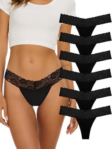 Sunm Boutique 6 Pack Lace Thongs For Women Seamless Knickers, Women's Cotton Lace Thong Low Waist Lace Underwear, Briefs Ultra Soft Ladies Underwear Multicolor Panties Multipack Thongs