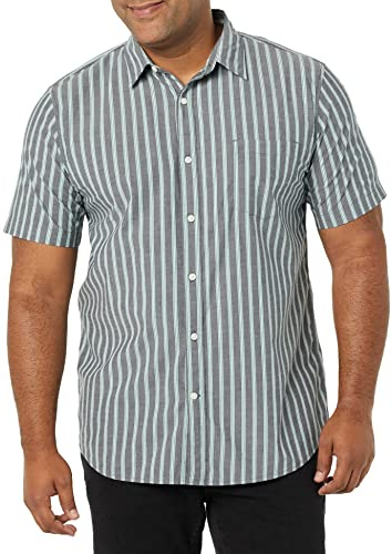 Amazon Essentials Men's Slim-Fit Short-Sleeve Poplin Shirt, Navy Stripe, Medium