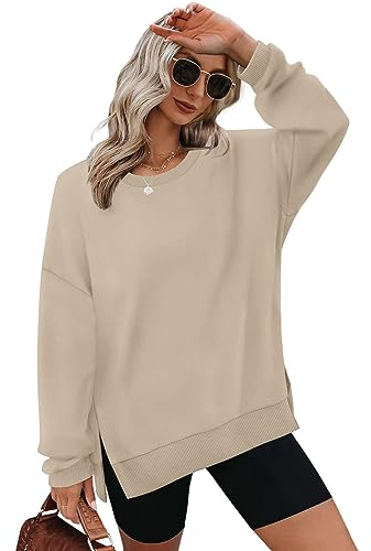 Aokosor Sweatshirts for Women Oversized Jumpers Ladies Tops Crewneck Long Sleeve Tops Side Split