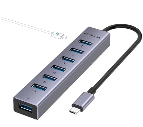 FORIDA 8-Port USB Multiport Hub mit 7 USBA 3.0 Datenanschlüssen mit 5Gbps, Langkabel 3.0 Splitter Adapter mit 5V / 3A Type-C Port, Aluminium USBA Verteiler für PCs, Laptops (USB C, 25cm Grau)