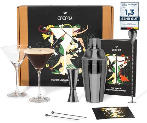 Cocora Martini Cocktail Set Regalo | Set Barman da 8 Pezzi | Kit Cocktail | Shaker Cocktail | Dosatore Cocktail | Bicchieri Cocktail | Cucchiaio Cocktail | Idea Regalo | Eco Friendly (Black)