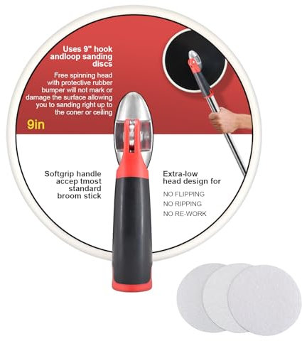 QZATACAEN Levigatrice manuale per cartongesso a palo Testa levigatrice portatile 22,9 cm per parete a secco Radiale Rotonda Celing Preparazione Pittura Strumento di levigatura Include 3 fogli abrasivi