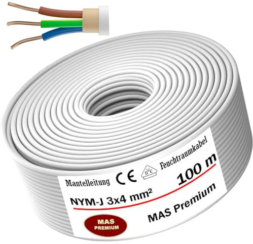 MAS Premium Cavo di alimentazione per ambienti umidi da 5 a 100 m, NYM-J 3 x 4 mm², cavo elettrico ad anello per posa fissa (100 m)