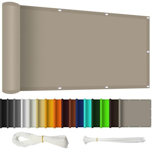 Balcon Privacidad Impermeable 120 x 450 cm Impermeable, Protección UV Revestimiento de Balcón Valla Jardin con Cuerda Libre para Patio Al Aire Libre Apartamento, Patio, Gris Pardo