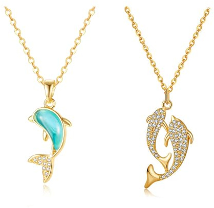 Caimeytie Set de Collar para Mujer (2 piezas), Collar con Colgante de Delfín Verde para Mujeres y Niñas con Cadena de Acero Inoxidable Chapada en Oro