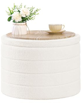 Bonlife Baúl Plegable, Puff Almacenaje, Taburete Reposapiés, Banco Almacenaje, para Sala de Estar, Dormitorio, Entrada, Blanco, Forma Circular, 56x56x40 cm