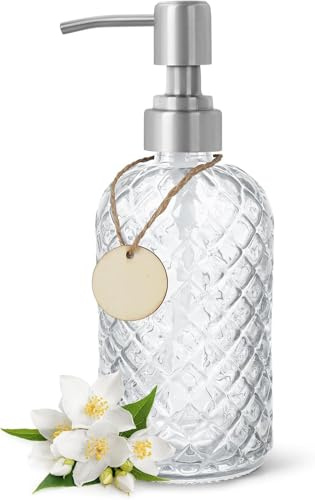 Topsky Glass Soap Dispenser with Siliver Metal Pump - 400ml Liquid Hand Soap Dispenser - Rustproof Pump for Kitchen & Bathroom, Great for Lotions, Essential Oil, Liquid Soaps Transparent