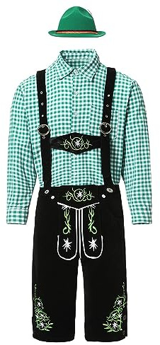Set completo Oktoberfest ricamato Lederhosen con bretelle, camicia e cappello - Autentico vestito bavarese da uomo per festival della birra, addio al celibato e feste di Halloween, Nero , M