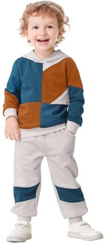Volunboy Completo Bambino 2 Pezzi Felpa con Cappuccio + Pantaloni Color Blocking Autunno Inverno(Taglia 100,3-4 anni,Grigio Chiaro Blu