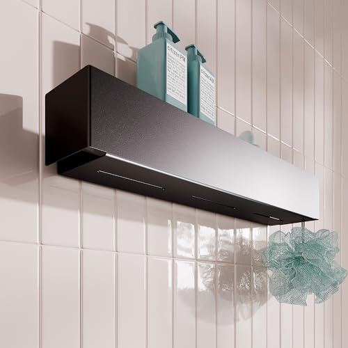 Estantería de ducha moderna negra 50x10x8 cm – Estante baño pared sin taladro o con taladro, diseño minimalista en metal con recubrimiento en polvo, resistente y elegante para baño contemporáneo