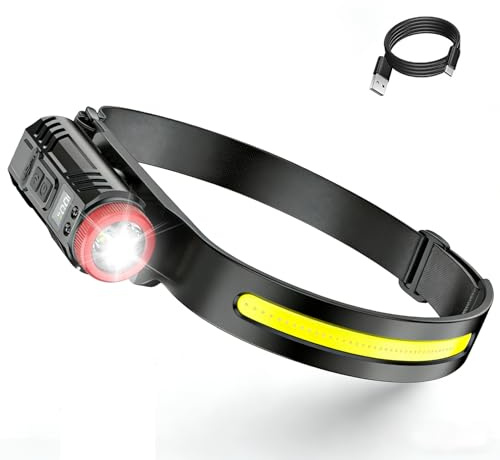 Sanilinwild Torcia frontale ricaricabile – Torcia da testa ricaricabile impermeabile per esterni essenziale staccabile 2 in 1 torcia da testa con fascio largo 230° e sensore di movimento