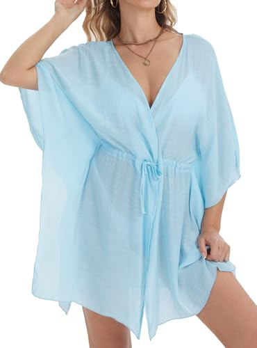 Vossmi Robe de Plage Femme Cache-Maillots Bikini Cover Up Col en V Maillot de Bain Décontracté Robe Manches Courtes Ceinture Cardigan Dress Été