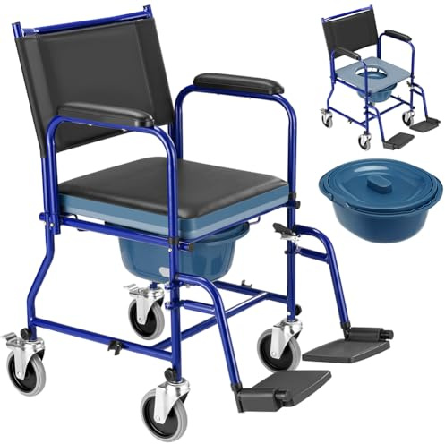 BAKAJI Sedia a Rotelle da Bagno con Vaso Rimovibile, Schienale e Seduta Ergonomica con 4 Ruote Piroettanti, Ausilio per Anziani, Disabili e Persone con Mobilità Ridotta, 53 × 57,5 × 94 cm