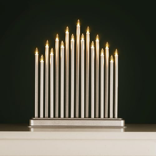 Garden Mile® Large Modern Silver Christmas Candle Bridge Light Tower 17 Warm White Pipe Candle Lights Christmas Window Decoration Table Decoration Low Voltage Mains Operated