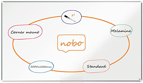 Nobo Melamine Whiteboard, Non-Magnetic, 2000 x 1000mm, Aluminium Trim, Corner Wall Mounting, Includes Whiteboard Pen, Premium Plus, 200 x 100cm, White, 1915172